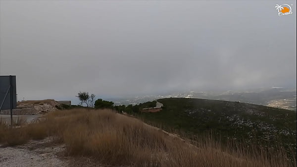 Crazy couple fucks on top of the mountain and cum on rented car