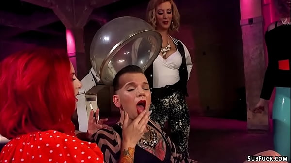 Three femdoms torment feminized slave