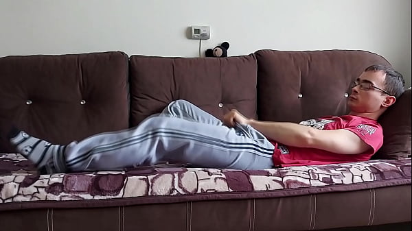 Nerdy college boy in cute panties and socks masturbates his huge bushy cock until he cum hard