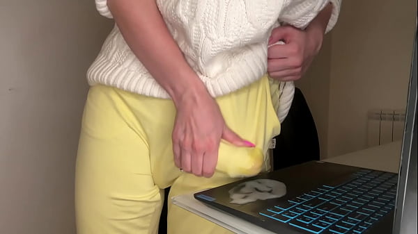 Stepson saw Stepmother’s Big Cumshot through pants in the office
