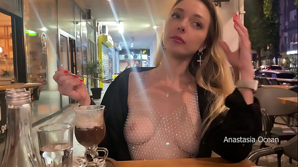 My perfect first date with flashing boobs in public. Topless in outdoor cafe.