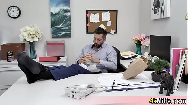 Extra skinny blonde secretary needs a good fuck so she jumps on her boss
