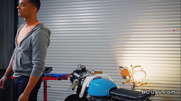 Motorcycle mechanic anal fucks black gay at the shop