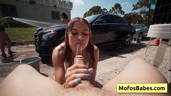 Blonde sexy and horny girl swallow and suck huge fat dick outdoor a t car wash fundraiser - JC Wilds, Johnny Love