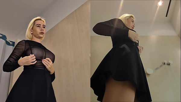 Trying on transparent clothes without panties. Hidden camera in the fitting room