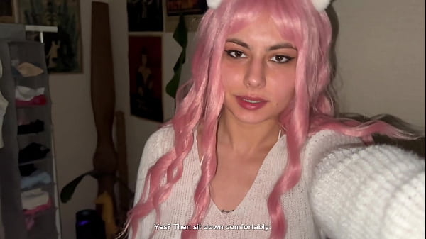 MEOW! A pink-haired catgirl fucks a dildo, moans sweetly, and cums with a load of sperm for Whiskas
