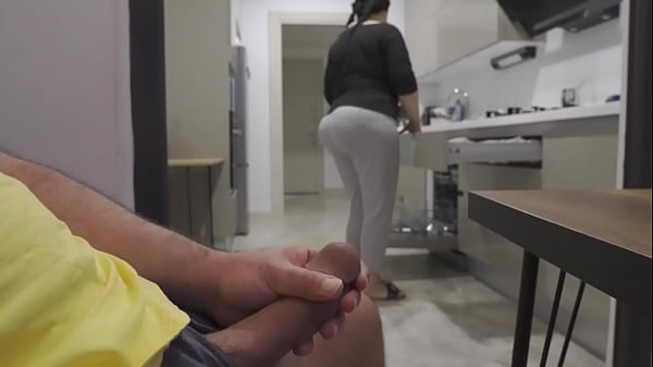 Stepmom caught me jerking off while watching her big ass in the Kitchen.