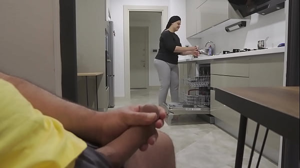 Stepmom caught me jerking off while watching her big ass in the Kitchen.