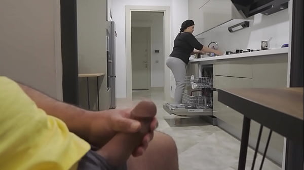 Stepmom caught me jerking off while watching her big ass in the Kitchen.