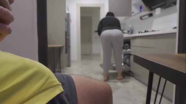 Stepmom caught me jerking off while watching her big ass in the Kitchen.