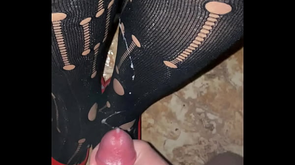 Handjob cum on Red Heels and pantyhose stockings