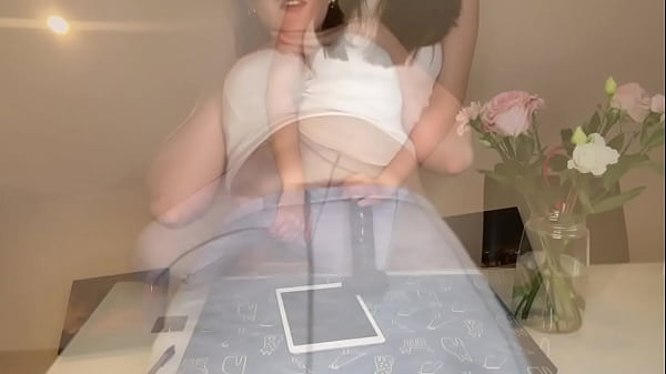 Stepmother cums hard over her pants when she was caught by stepson in the office