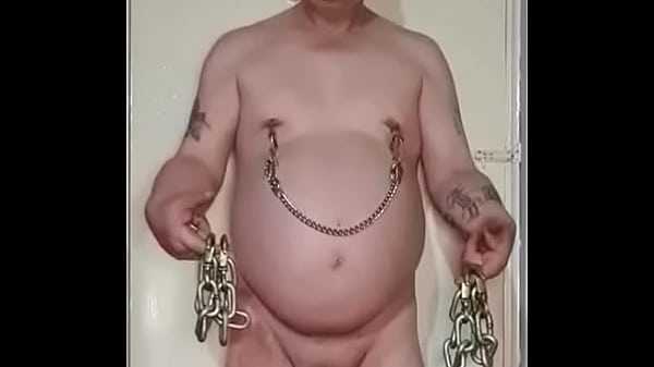 Chastity Cage and man boob stretching with heavy chains