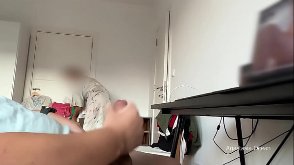 My stepmom caught my husband jerking and watching porn. She wanted to watch how he cum.