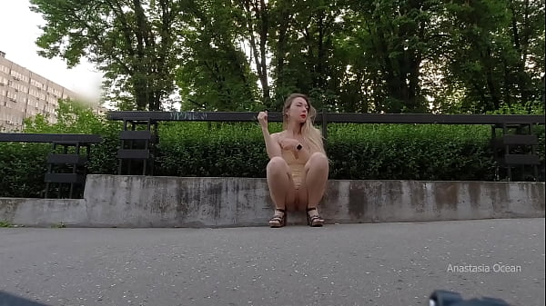 Perverted public slut walk. Upskirt, no panties, flashing pussy outside in tight short dress.