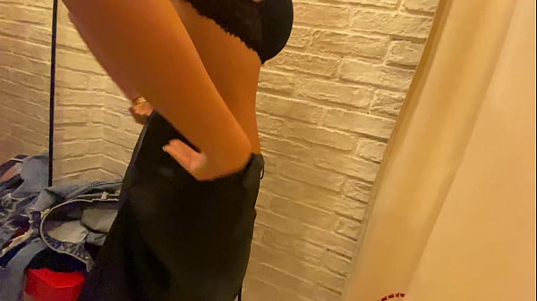 Trying leather clothes in Changing room and he Cum on my Big Boobs - Cock2squirt