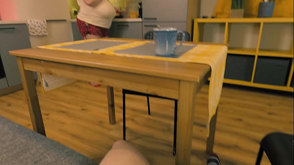 Stepmom noticed her stepson jerking off under a table and decided to help