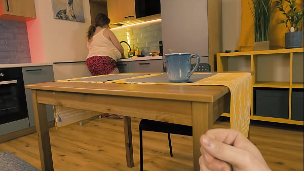 Stepmom noticed her stepson jerking off under a table and decided to help