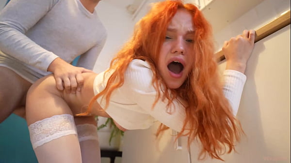 Skinny redhead girl was fucked on the kitchen and get creampie in shaved pussy