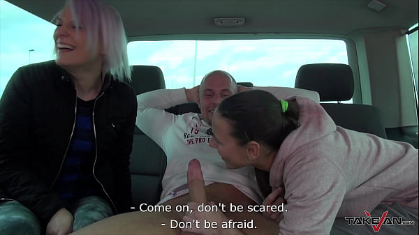 Two horny bitches pick up sexy blondie in shopping park to have fuck and fun in the car