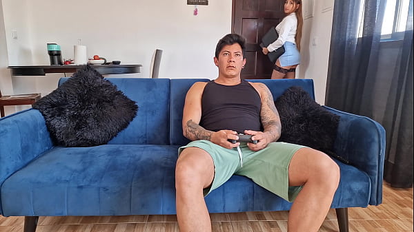 I surprise my stepmom with a blowjob while she rests on my legs