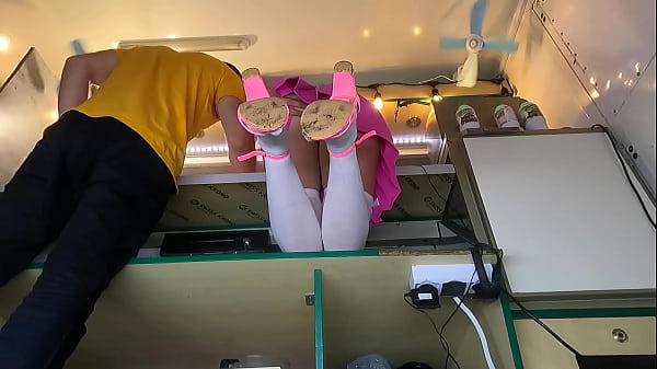 Boss spreading Alice legs for better pussy upskirt view