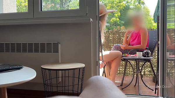 My husband is jerking off and cum in front of my stepmom a while we talk on balcony.