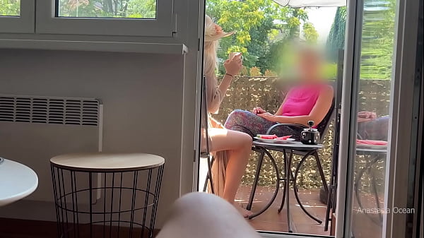 My husband is jerking off and cum in front of my stepmom a while we talk on balcony.