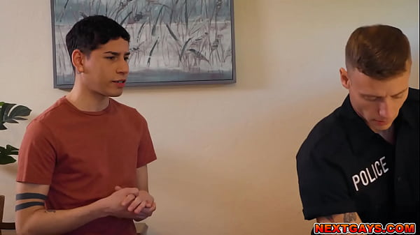 Policeman Justin Matthews plowing Aiden Garcias tight ass from every positions in his bed