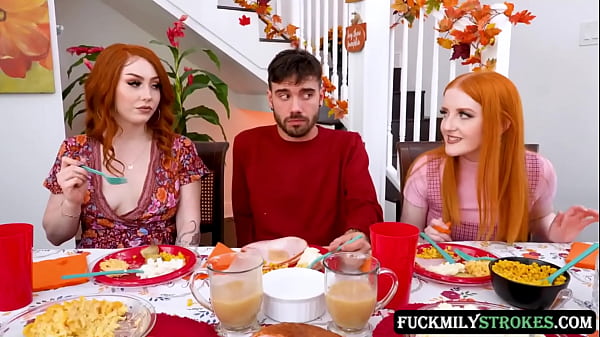 This Thanksgiving horny redhead stepsisters Arietta Adams and Cherry Fae fuck their stepbrother in the living room, while their stepdad fucks their stepmom in the dining room.