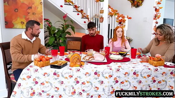 This Thanksgiving horny redhead stepsisters Arietta Adams and Cherry Fae fuck their stepbrother in the living room, while their stepdad fucks their stepmom in the dining room.