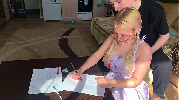 A shy student could not resist the tutor and took his dick in her mouth