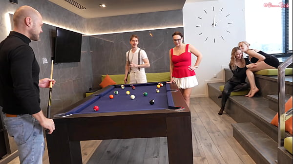 Two leggy blondes are chatting sweetly while their boyfriends Fuck a MILF in the Ass on a billiard table!