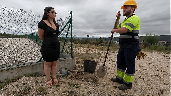 Construction worker fucks curious girl and cums inside.