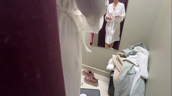 Risky sex of a hot girl in the fitting room with cum in panties