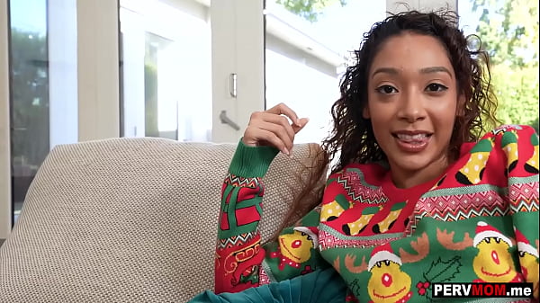 Black stepmom Misty Stone and stepdaughter Sarah Lace xmas 3some fun