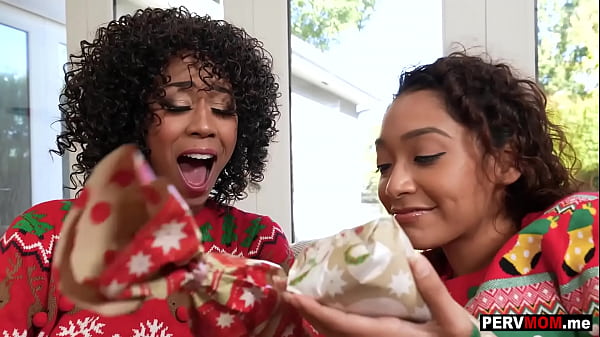 Black stepmom Misty Stone and stepdaughter Sarah Lace xmas 3some fun