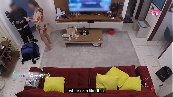 Hot wife receiving the delivery man and letting him apply moisturizer on her teaser - With English subtitles