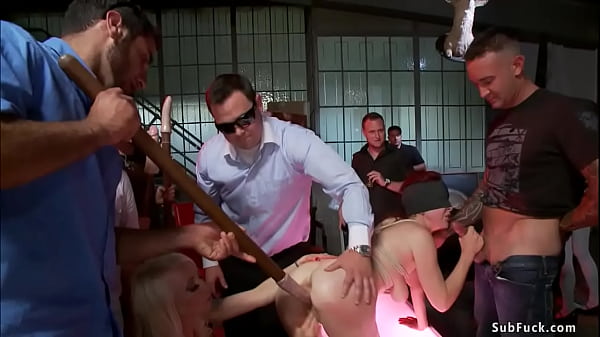 Bound ginger gang bang fucked in public