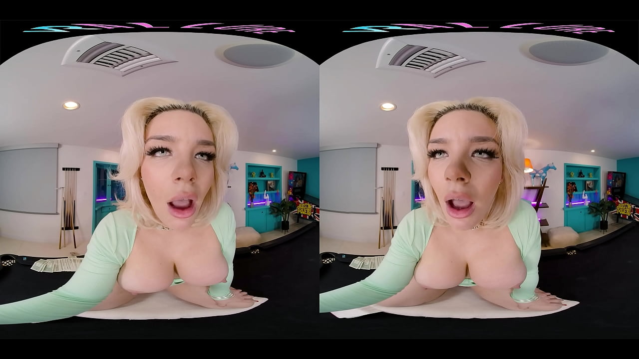 Seductive blonde with big boobs gives you a steamy show in VR