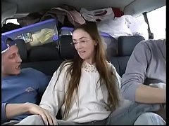  - Young brunette italian babe Ginevra Hollander pisses after hard fucking in the car by two guys