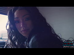  - Big booty ebony MILF Harley Dean strips nude in a motorcycle work shop