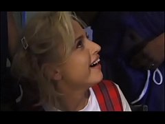  - A young slut in a short dress serves the black guys' basketball team in the locker room after the game