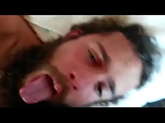  - Bearded dude gets shot in the face with jizz from his buddy.