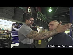  - Businessman licks car mechanics feet while teasing big dick