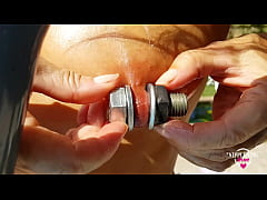  - nippleringlover hot masturbating outdoors in pool inserting huge screws in extreme stretched pierced nipples
