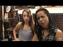 - Stunning black lesbian with dredlocks licks a white chicks pussy in a workshop