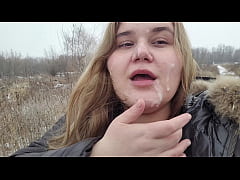  - Outdoor Facial on a beautiful Face chubby Girl after a Blowjob