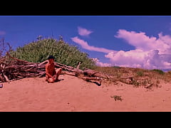  - naked pathetic white slave uninhibited masturbate his uncut dick at the gay beach, CMNM