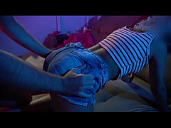  - BOUNCING on his lap with jeans shorts, he came THROUGH underwear